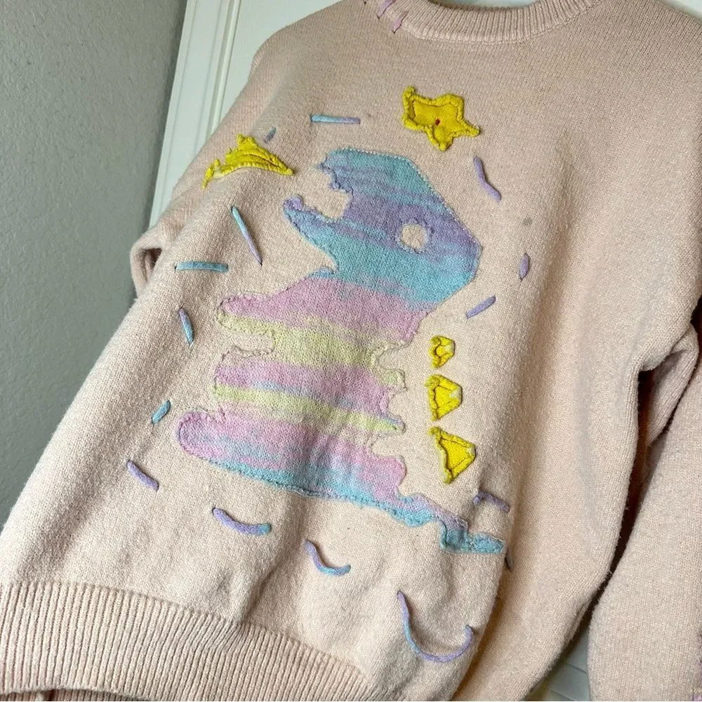 RARE Aelfric Eden Baby Pink Rainbow Dino Logo Stitched Sweater Sz S Indie Skater